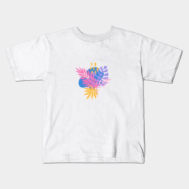 Bright Tropical on Cyan Kids T-Shirt by latheandquill